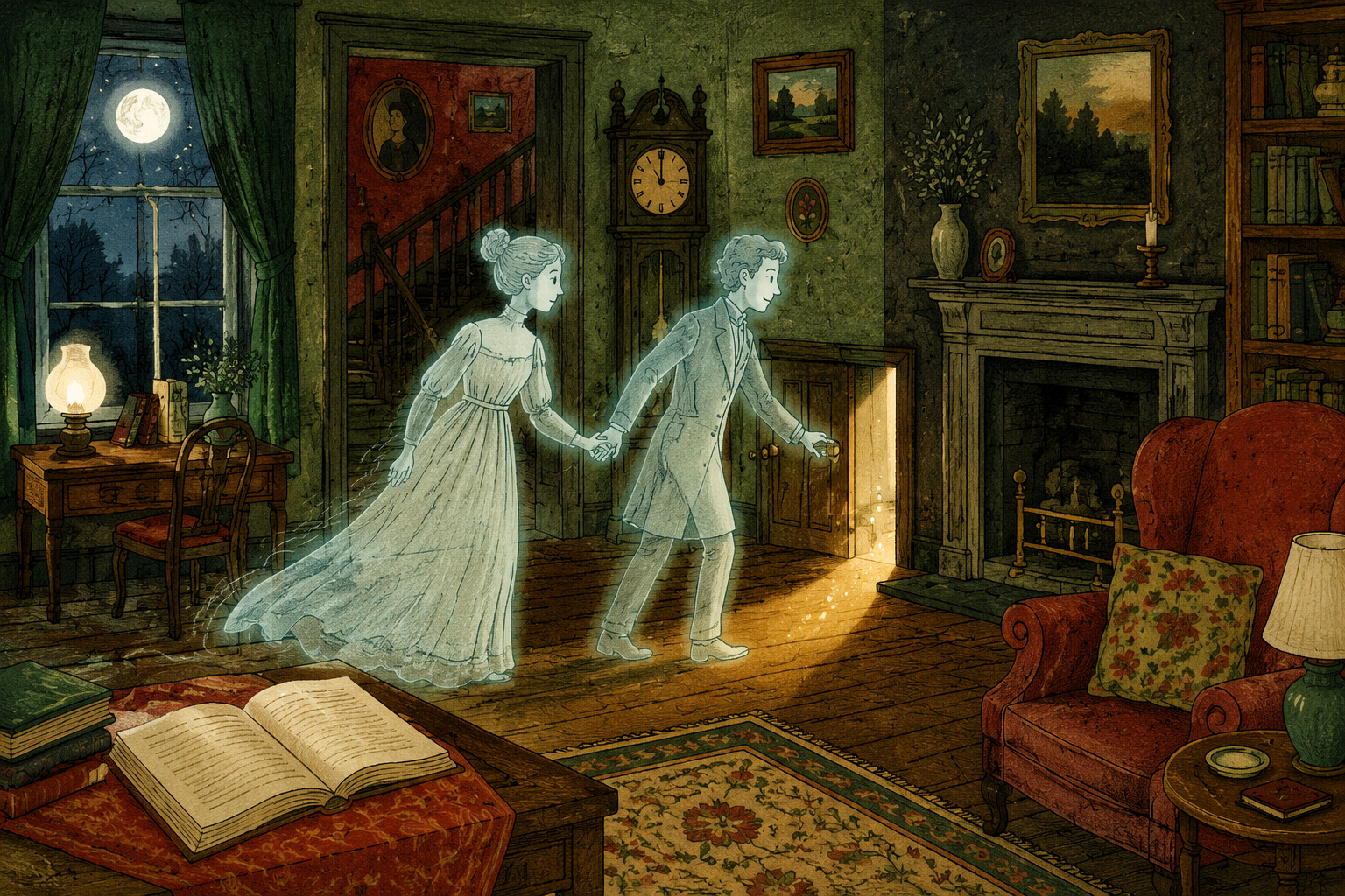Cartoon haunted house with a ghostly couple searching for treasure