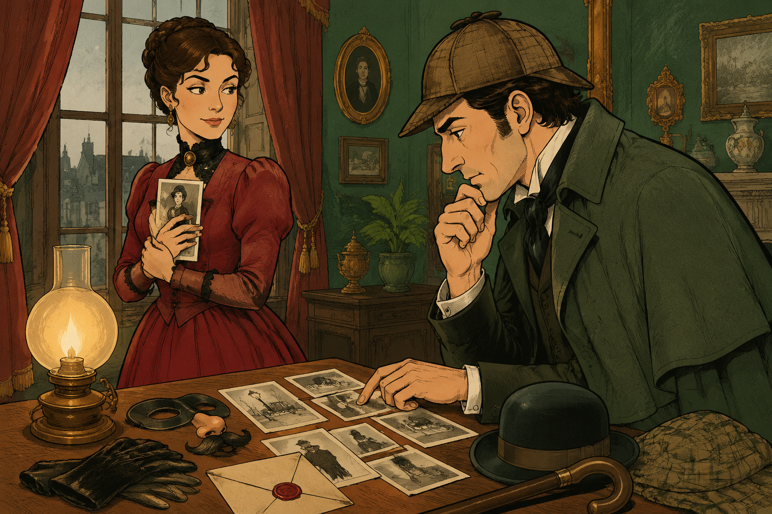 Cartoon Holmes and Irene Adler following the clues to a photograph