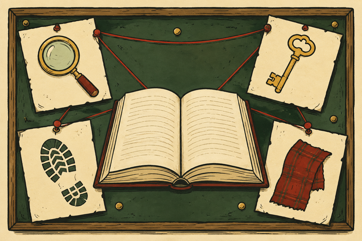 Open book, magnifying glass, keys and evidence notes for a crime story course