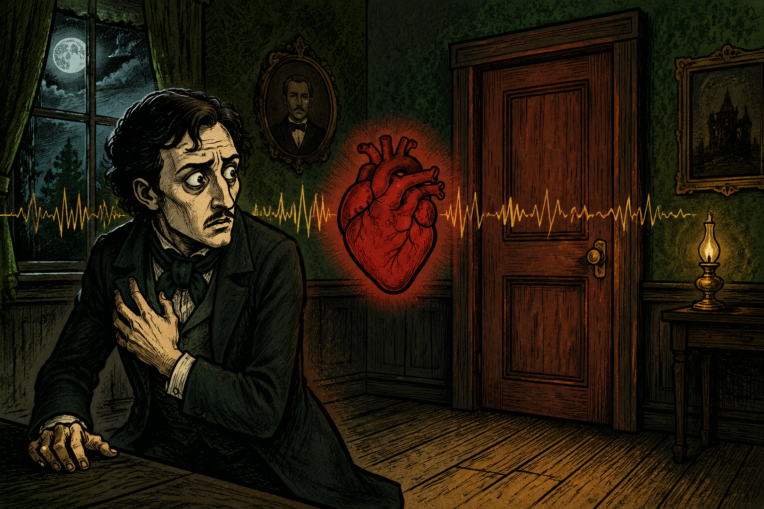 Cartoon narrator, door and beating heart from The Tell-Tale Heart